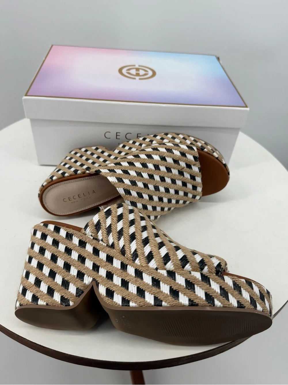 Cecelia New York Platform Sandals - Frost Black White Raffia Chunky Wedge NIB